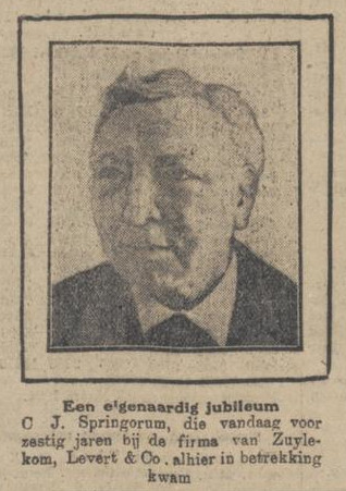 Meet [**Gerardus Johannes (G.J.) Springorum**](/people/gerardus_springorum_1845) — a man whose life was closely connected to his work. He celebrated an exceptional milestone: a 60-year jubilee at Van Zuylekom, Levert & Co. Such loyalty to one company reflects perseverance, reliability, and a strong sense of responsibility. Through changing times, he remained a steady presence within the firm — a quiet example of dedication across an entire working life. <br> _Source: Algemeen Handelsblad, 4 March 1924._
