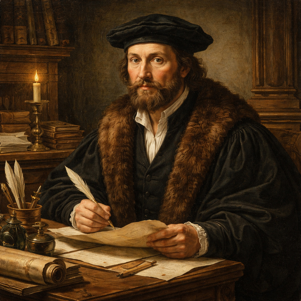 Stadtschreiber and _burgermeister_ in the 16th century, [**Johann Schriver genannt Springorum**](/people/johann_schriver_genannt_springorum_c1475) (* c. 1475 – † ?) played a central role in the civic life of his city. This portrait is an AI-generated impression, not a historical likeness, but a visual interpretation of a man whose authority rested on records, law, and responsibility.